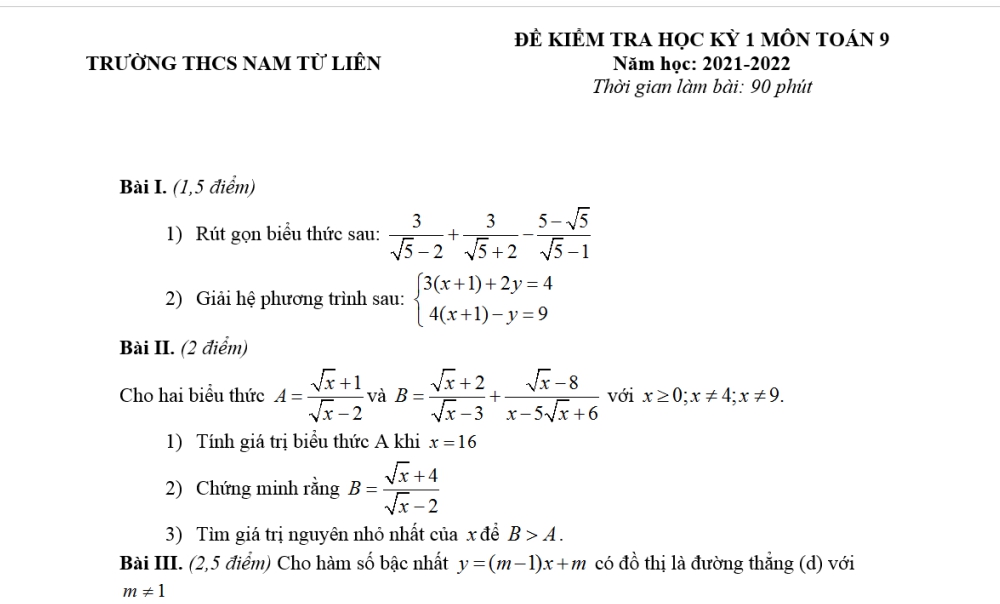 Toán 9. Đề thi cuối học kỳ 1 Trường THCS Nam Từ Liêm-Hà Nội năm học 2021-2022